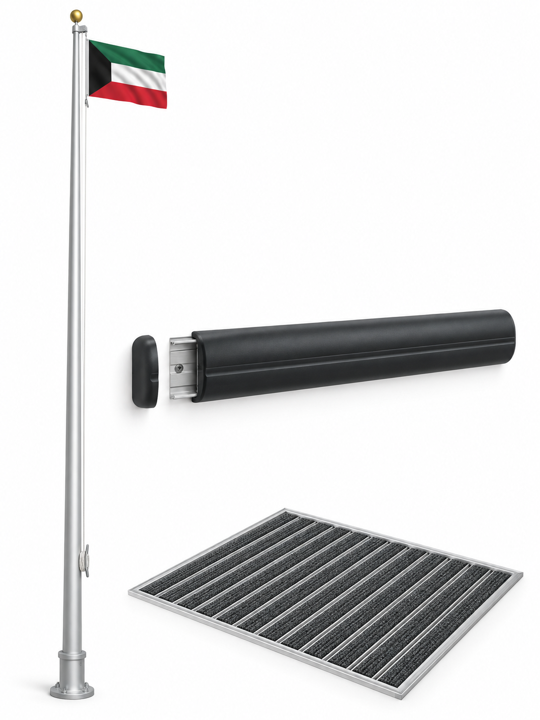 Aluminium flag pole, rubber guard rail, and recessed entrance matting