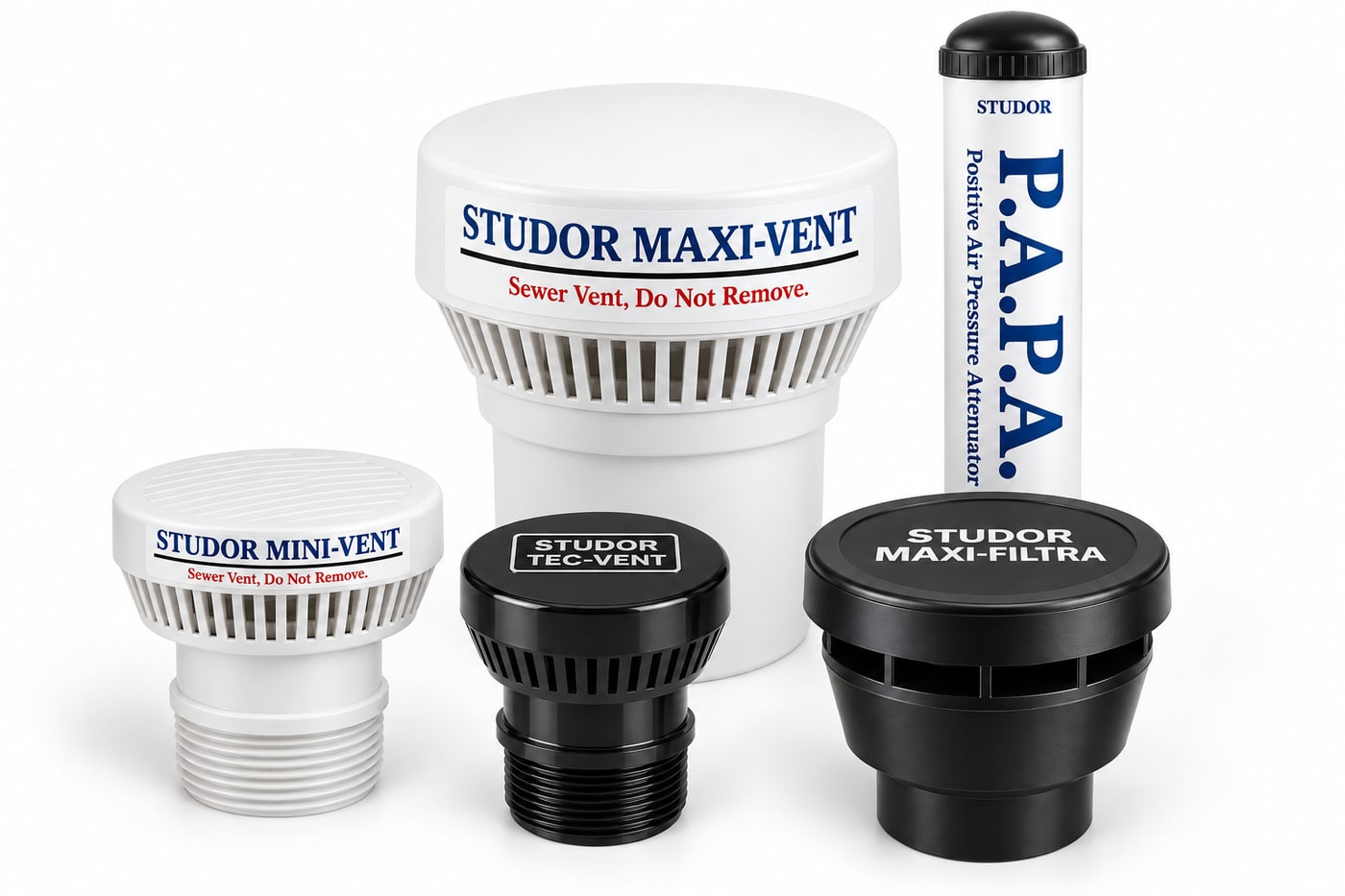 Studor air admittance valves and P.A.P.A. positive air pressure attenuator