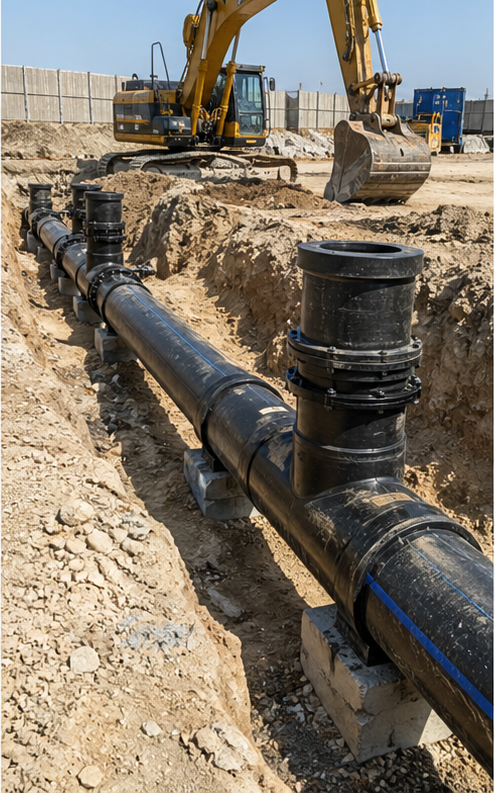 HDPE wastewater pressure line being installed on a construction site