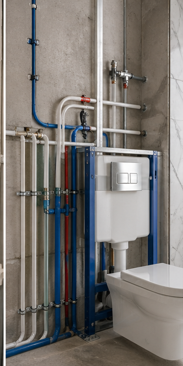 PEX hot water piping in a hotel service wall installation