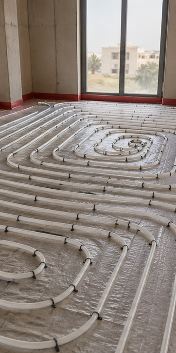 PEX underfloor radiant heating loops installed before floor finish