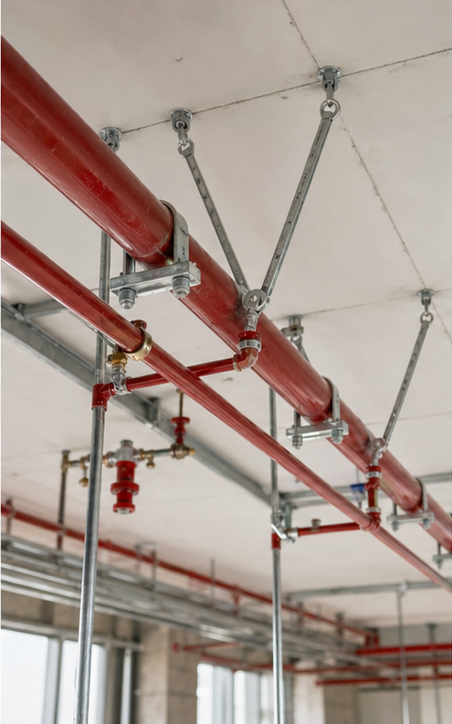 Sprinkler pipe hangers and sway braces in a ceiling service zone