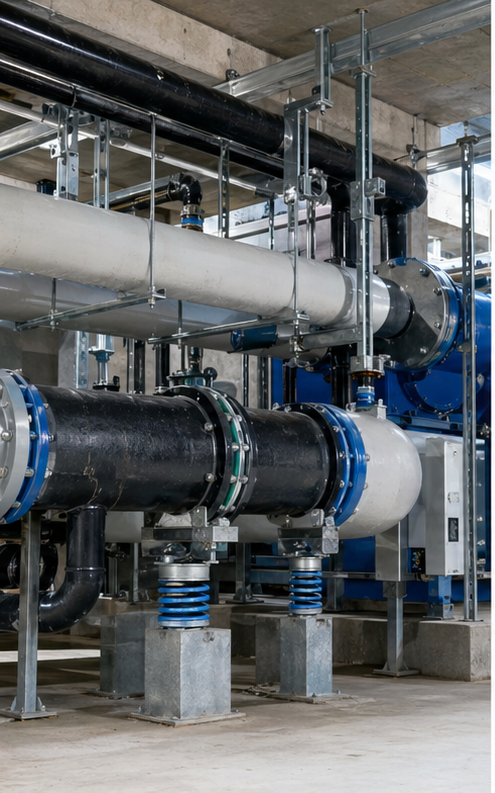 Pipe supports installed on chilled water plantroom pipework