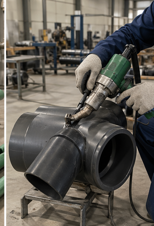 Plastic pipe fabrication workshop with extrusion welding equipment