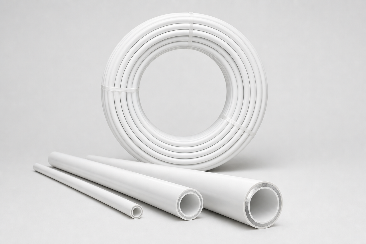 Multilayer composite pipe coils and straight lengths