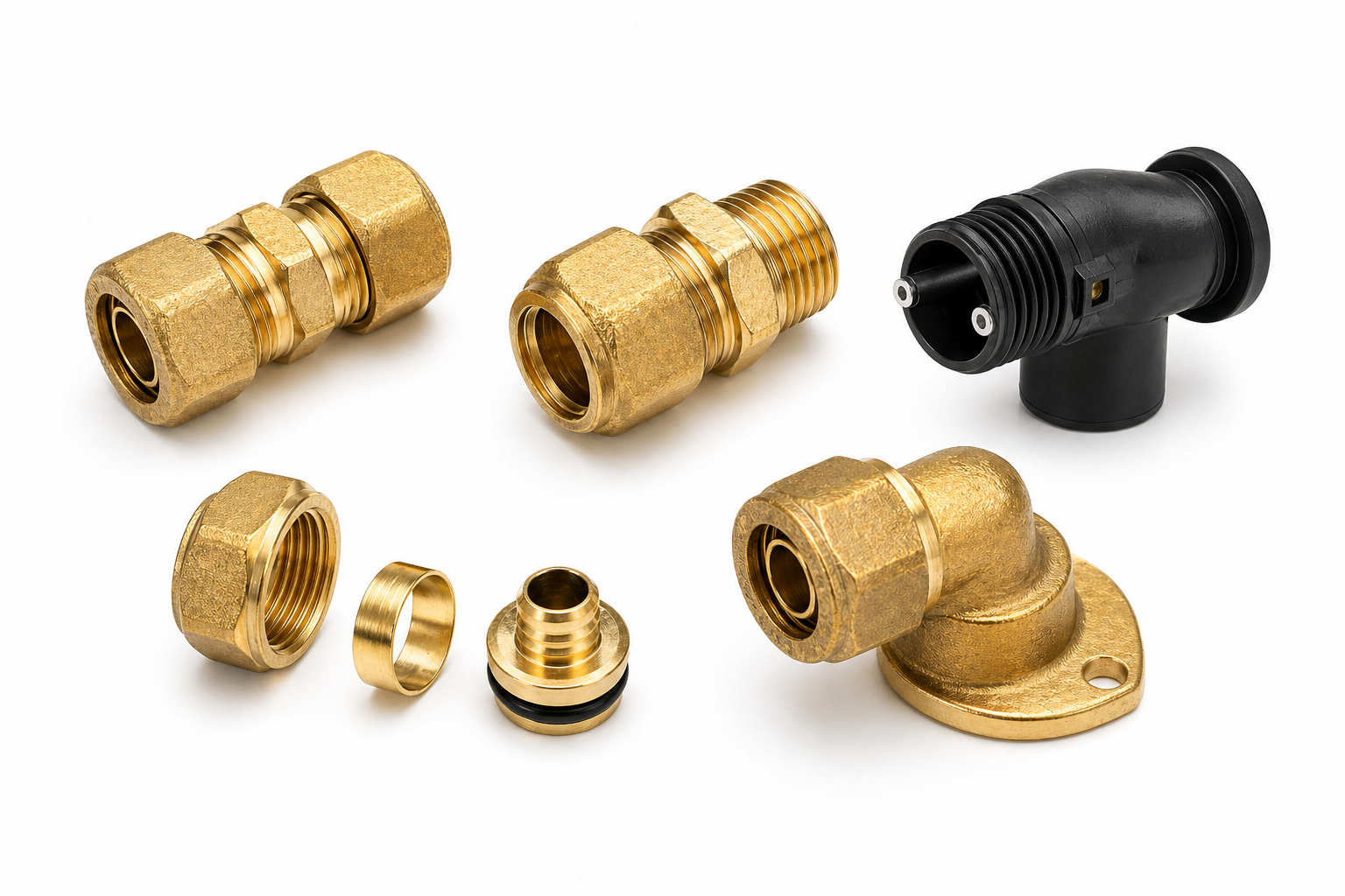 Assorted brass fittings for PEX systems