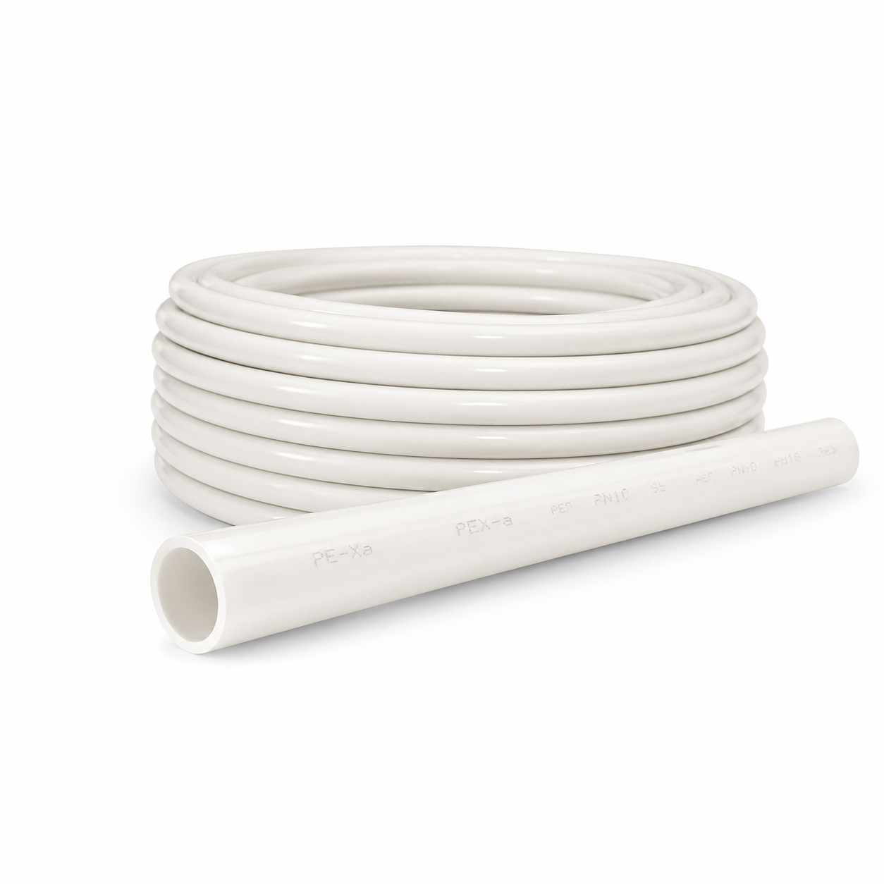 White PEX pipe coil and straight pipe section