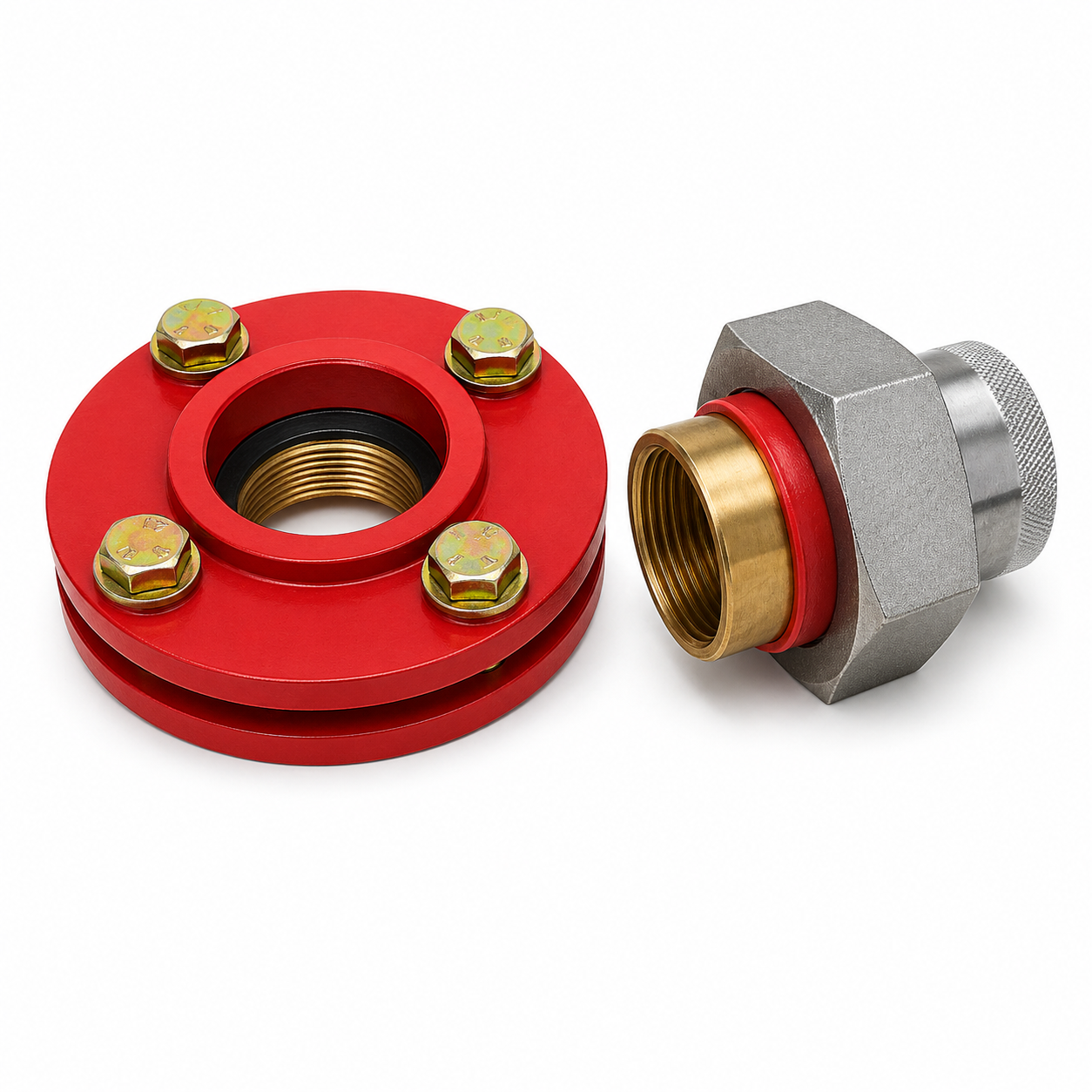 Dielectric union and red bolted flange